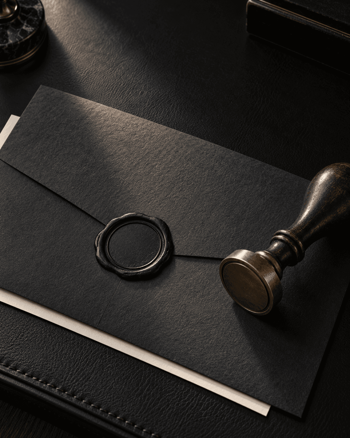 Sinete de bronze e envelope escuro em composição editorial.